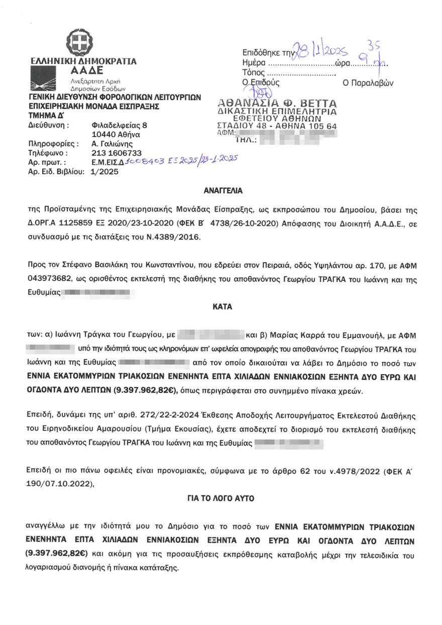  Κληρονομιά Τράγκα: Έρχεται νέα ποινική δίωξη - Το Δημόσιο διεκδικεί πλέον πάνω από 9 εκατ. ευρώ