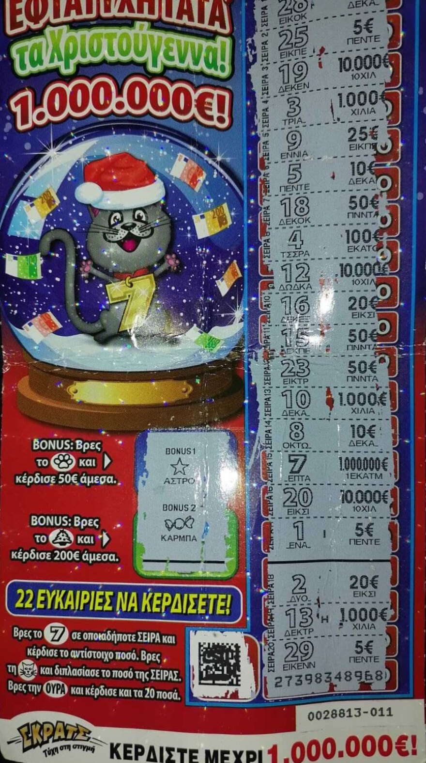 Εκατομμυριούχος μέσα σε λίγα λεπτά - Τυχερός παίκτης του ΣΚΡΑΤΣ βρήκε την «Εφτάτυχη Γάτα τα Χριστούγεννα» στους Γαργαλιάνους Μεσσηνίας
