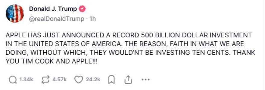 Apple: Επενδύσεις 500 δισ. δολάρια και 20.000 προσλήψεις στις ΗΠΑ - Το «ευχαριστώ» Τραμπ