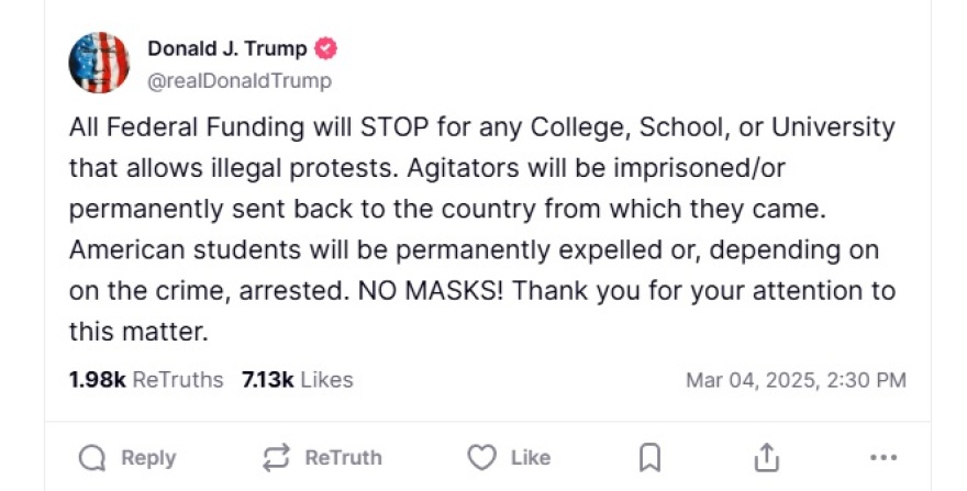 Ντόναλντ Τραμπ: Τέλος η ομοσπονδιακή χρηματοδότηση σε κολέγια και σχολεία που επιτρέπουν «παράνομες» διαδηλώσεις