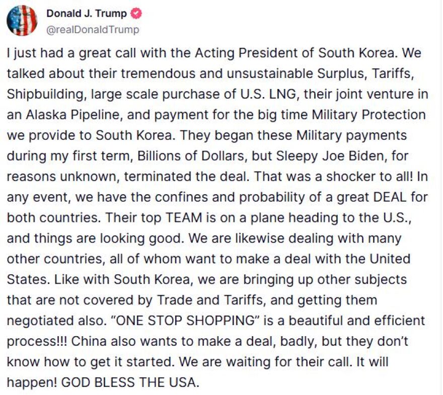 Η Νότια Κορέα ήδη διαπραγματεύεται για τους δασμούς, λέει ο Τραμπ