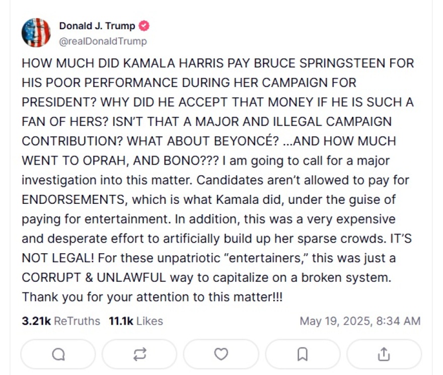 Ντόναλντ Τραμπ: Ζήτησε «μεγάλη έρευνα» για την προεκλογική στήριξη που έλαβε από διάσημους η Χάρις