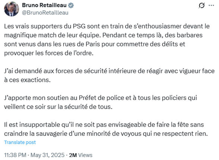 «Βάρβαροι κατέκλυσαν τους δρόμους του Παρισιού»: Οργή στη Γαλλία για τον υπουργό Εσωτερικών - Τον κατηγορούν για ρητορική μίσους