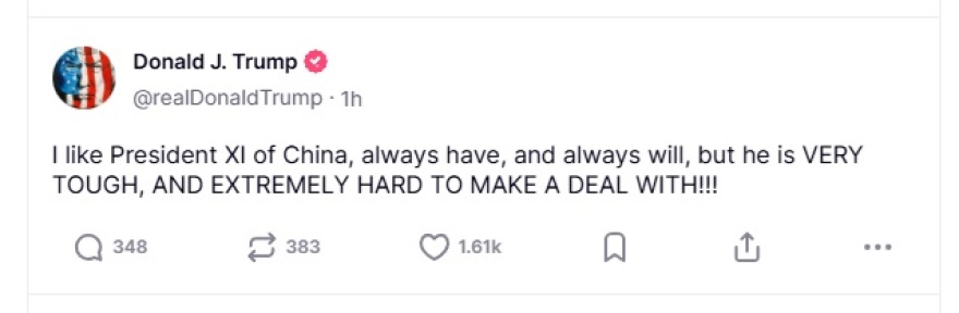 Τραμπ: Συμπαθώ τον Σι Τζινπίνγκ, πάντα τον συμπαθούσα, αλλά είναι δύσκολο να συμφωνήσεις μαζί του