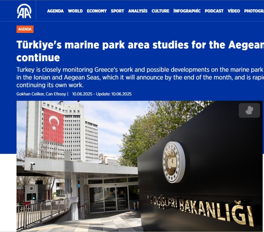 Anadolu: Η Άγκυρα εξετάζει μέτρα κατά πιθανών μονομερών βημάτων της Ελλάδας για τα θαλάσσια πάρκα