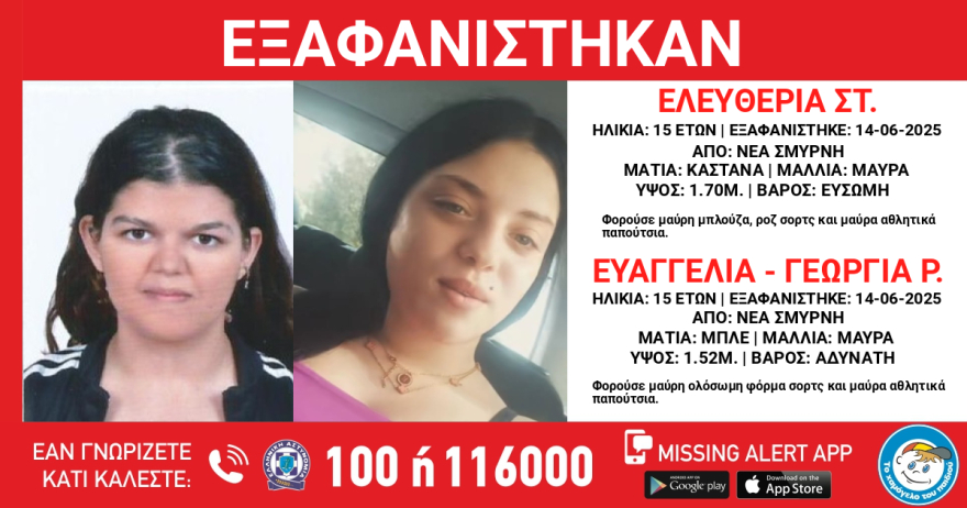 Συναγερμός για την εξαφάνιση δύο 15χρονων από τη Νέα Σμύρνη