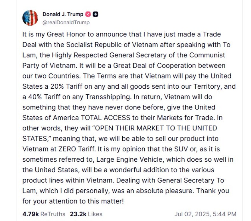 Το Βιετνάμ θα πληρώνει δασμό 20% για όλα τα προϊόντα που στέλνει στις ΗΠΑ, λέει ο Τραμπ