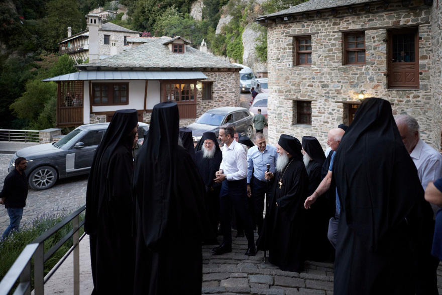 At Simonos Petras Monastery with his son Kyriakos Mitsotakis - the monks performed a trilogy in memory of his parents 