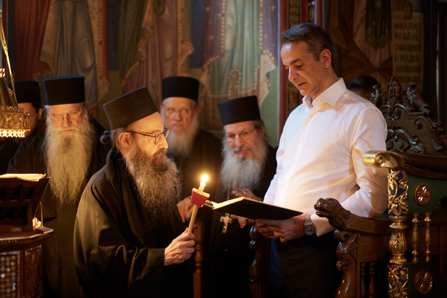 At Simonos Petras Monastery with his son Kyriakos Mitsotakis - the monks performed a trilogy in memory of his parents 
