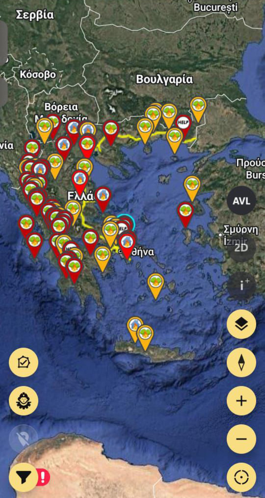 Δείτε χάρτες με τα μέτωπα των πυρκαγιών στη χώρα - Κόκκινα και πορτοκαλί «στίγματα» σε όλη την Ελλάδα 
