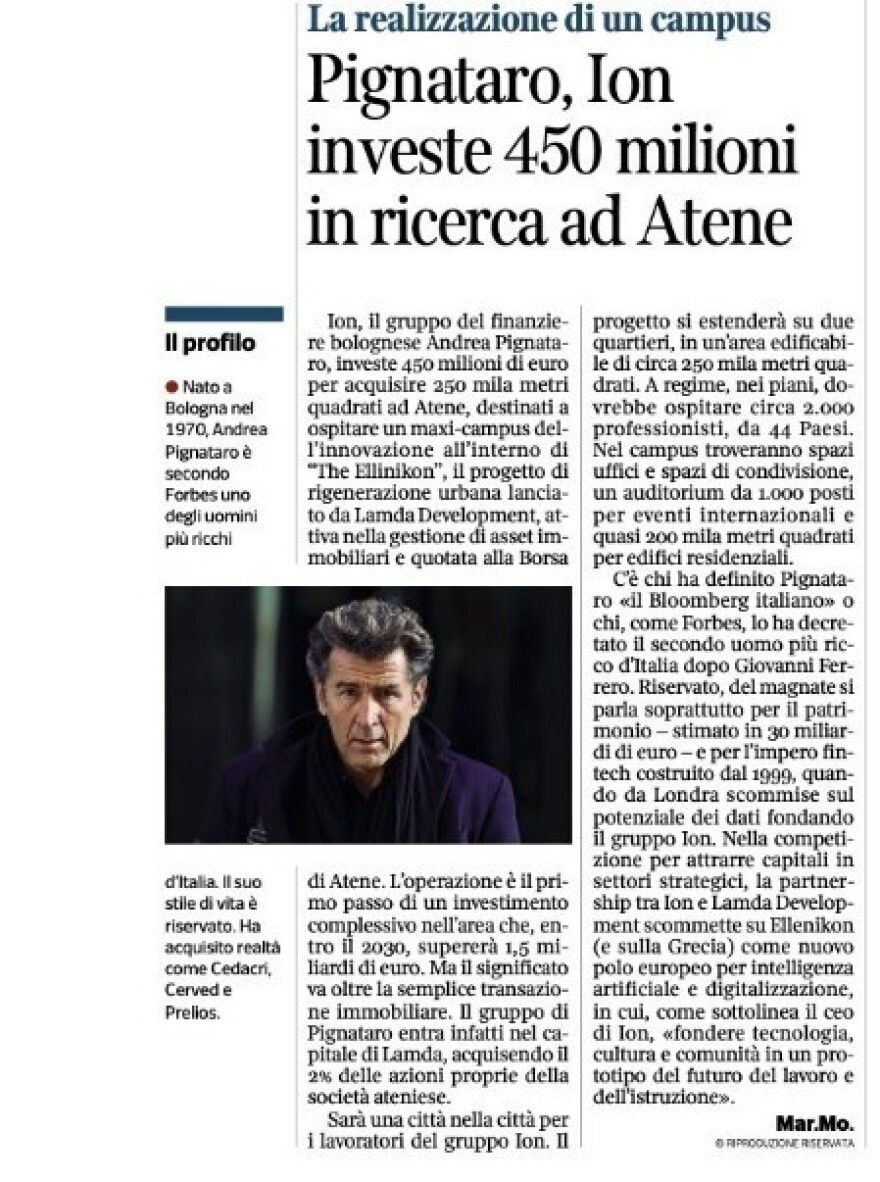 Lamda – ION: Τι λέει ο ιταλικός Τύπος για το deal στο Ελληνικό