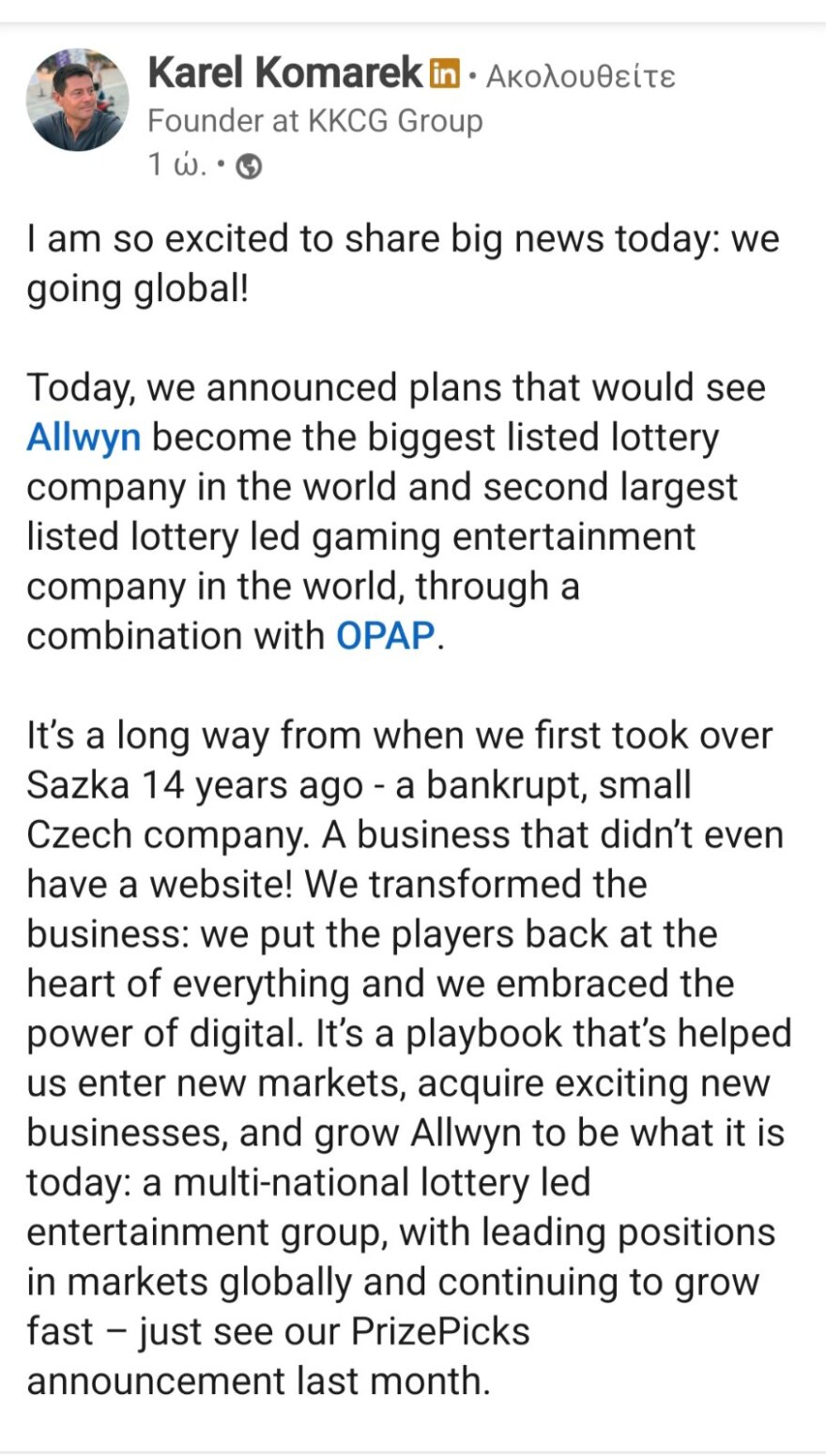 Κάρελ Κόμαρεκ για τη συμφωνία Allwyn και ΟΠΑΠ: «Γινόμαστε παγκόσμιοι»