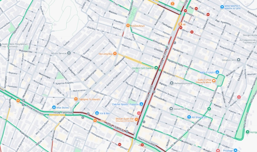 Κυκλοφοριακό κομφούζιο στο Γαλάτσι - Φραγμένες οι Βεΐκου και Γαλατσίου λόγω ακινητοποιημένου λεωφορείου, δείτε live χάρτη