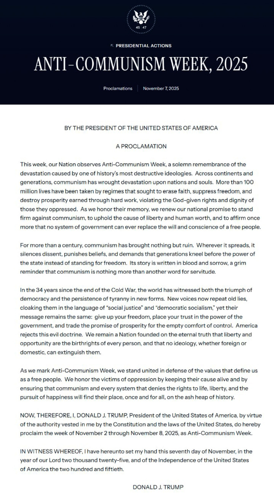Τραμπ: Η ερχόμενη εβδομάδα στις ΗΠΑ ανακηρύσσεται «Εβδομάδα Αντικομμουνισμού» 