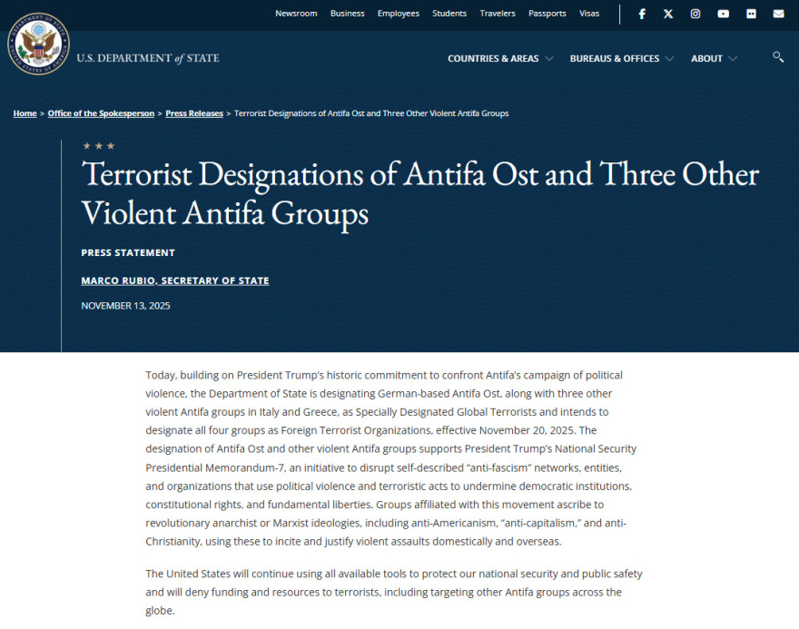 Οι ΗΠΑ χαρακτηρίζουν δύο «Antifa» οργανώσεις από την Ελλάδα και δύο από Ιταλία και Γερμανία ως τρομοκρατικές, όπως το ISIS και η Αλ Κάιντα