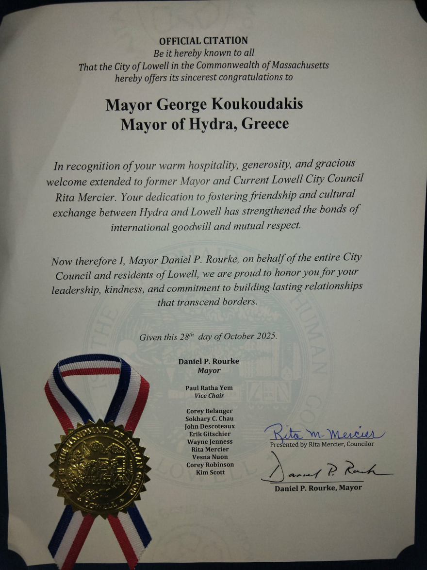Έπαινος στον δήμαρχο Ύδρας  από την πόλη Λόουελ της Μασαχουσέτης 
