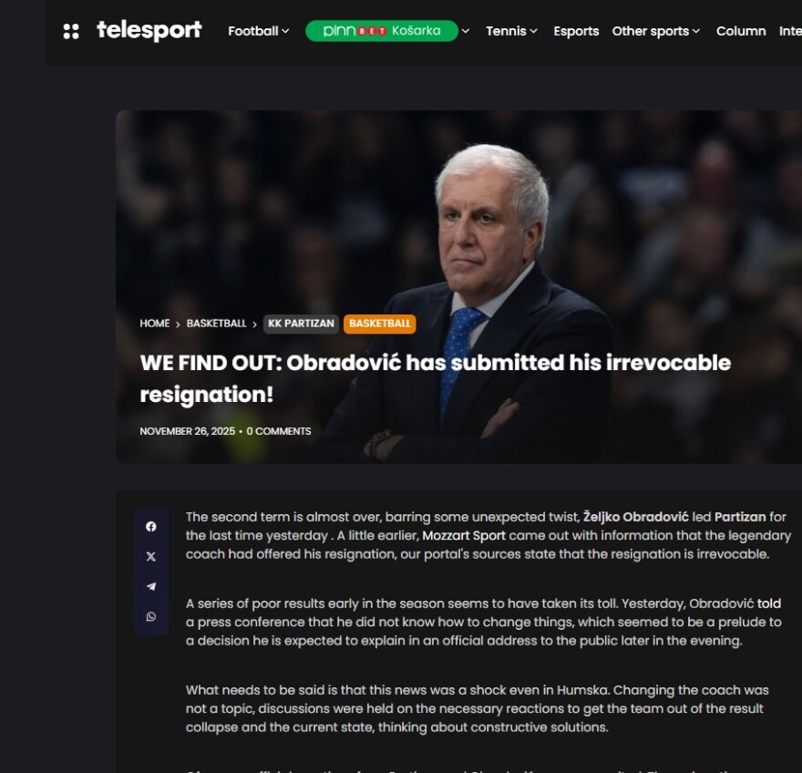 Mozzartsport: Ο Ομπράντοβιτς υπέβαλε την παραίτησή του στη διοίκηση της Παρτίζαν μετά τη συντριβή από τον Παναθηναϊκό