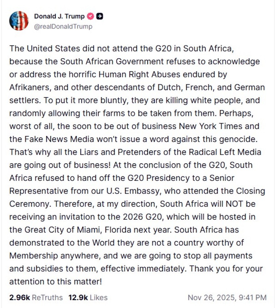 Ο Τραμπ αποκλείει τη Νότια Αφρική από τη σύνοδο της G20: «Δεν είναι μια χώρα άξια να είναι μέλος σε οτιδήποτε» 