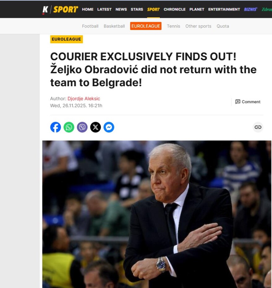 O Ζέλικο Ομπράντοβιτς δεν επέστρεψε με την αποστολή της Παρτίζαν στο Βελιγράδι