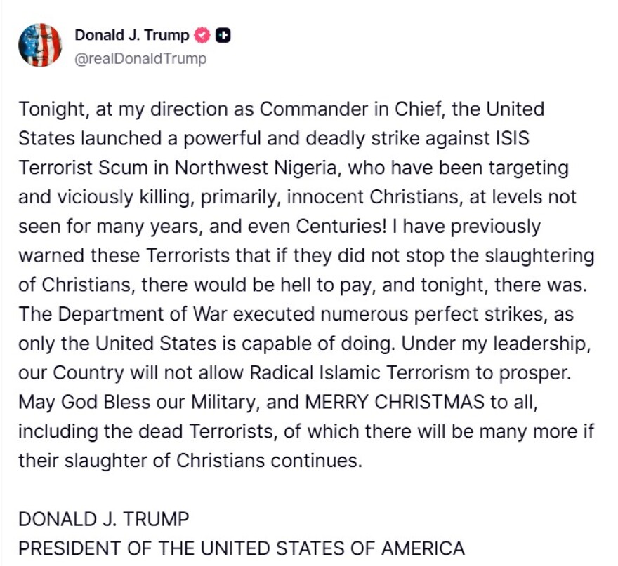 Για την προστασία των Χριστιανών: Αεροπορικά πλήγματα κατά του ΙΚ στη Νιγηρία με εντολή Τραμπ