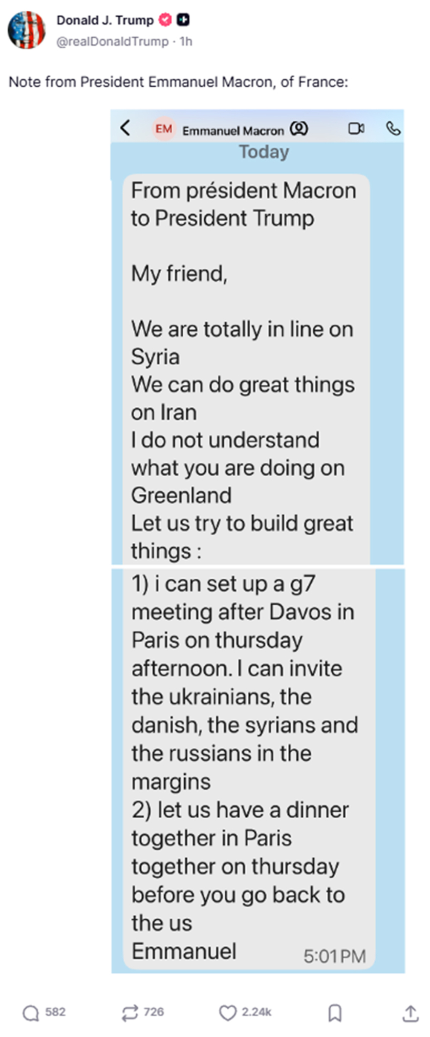 «Φίλε μου, Ντόναλντ»: Η αποκωδικοποίηση του μηνύματος του Μακρόν στον Τραμπ εν μέσω του διπλωματικού μπρα-ντε-φερ ΗΠΑ και Ευρώπης για τη Γροιλανδία 