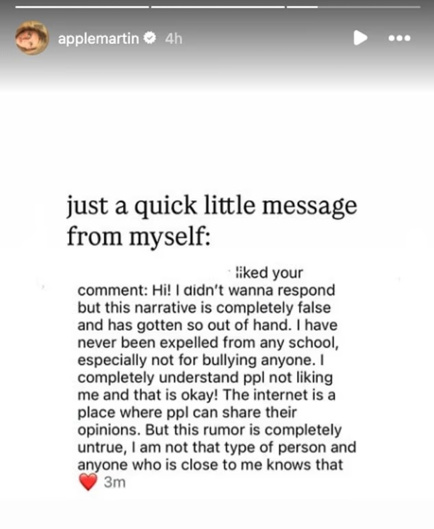 Η κόρη της Γκουίνεθ Πάλτροου ξεκαθαρίζει ότι δεν έχει αποβληθεί από το σχολείο της για εκφοβισμό