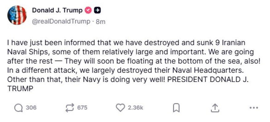 Τραμπ: Βυθίσαμε εννέα ιρανικά πολεμικά πλοία, θα κυνηγήσουμε και τα υπόλοιπα 