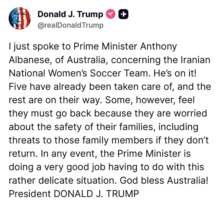 «Οι 5 αθλήτριες είναι ασφαλείς»: Η Αυστραλία έδωσε άσυλο στις παίκτριες της εθνικής ομάδας ποδοσφαίρου του Ιράν