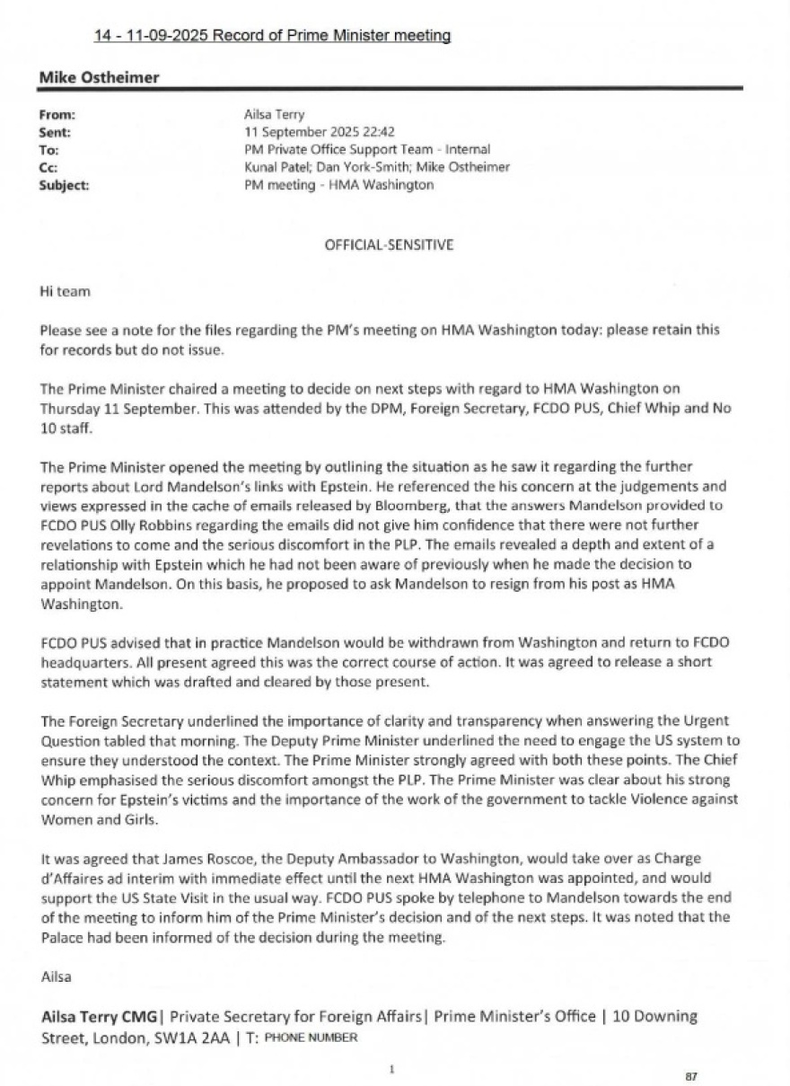 Ο Μάντελσον ζητούσε αποζημίωση 547.000 λιρών μετά την αποπομπή του από πρέσβης στις ΗΠΑ