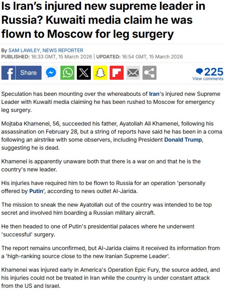 Ο Μοτζτάμπα Χαμενεΐ μεταφέρθηκε για χειρουργείο στη Μόσχα, λέει η Daily Mail, επικαλούμενη κουβεϊτιανά ΜΜΕ