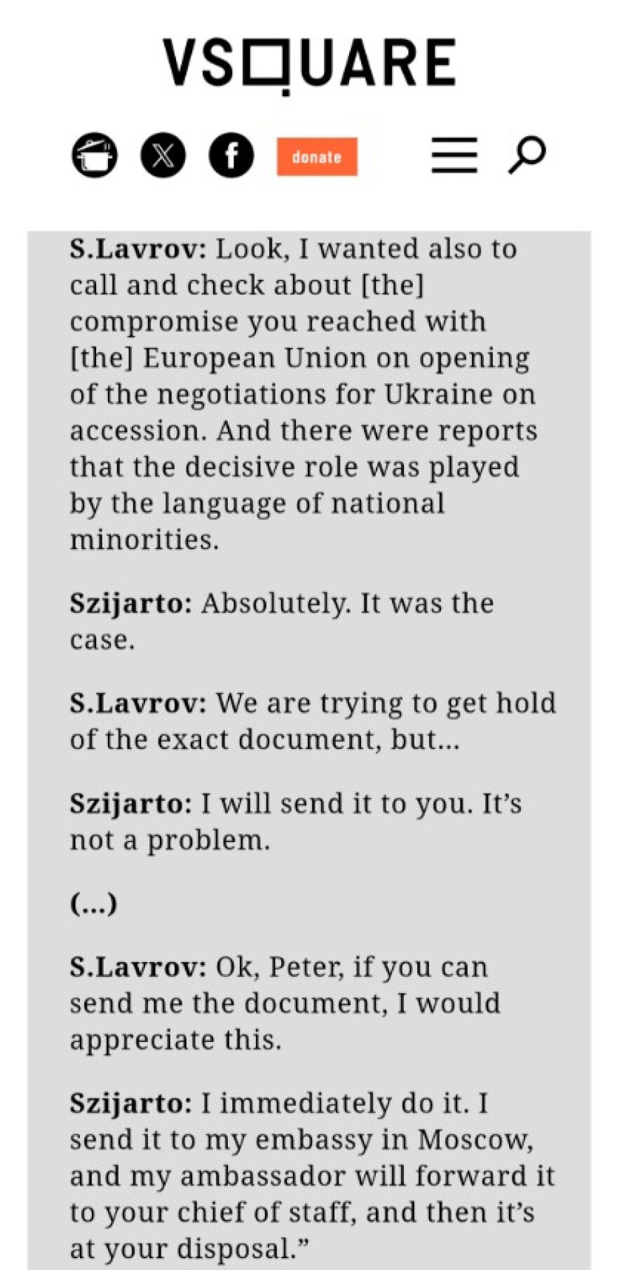 Ο Ούγγρος ΥΠΕΞ προσφέρθηκε να στείλει στον Λαβρόφ εμπιστευτικό έγγραφο για την ένταξη της Ουκρανίας στην ΕΕ