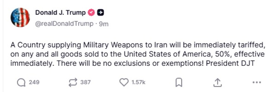 Τραμπ: Δασμοί 50% σε όσους δίνουν όπλα στο Ιράν - «Δεν θα γίνει εμπλουτισμός ουρανίου»