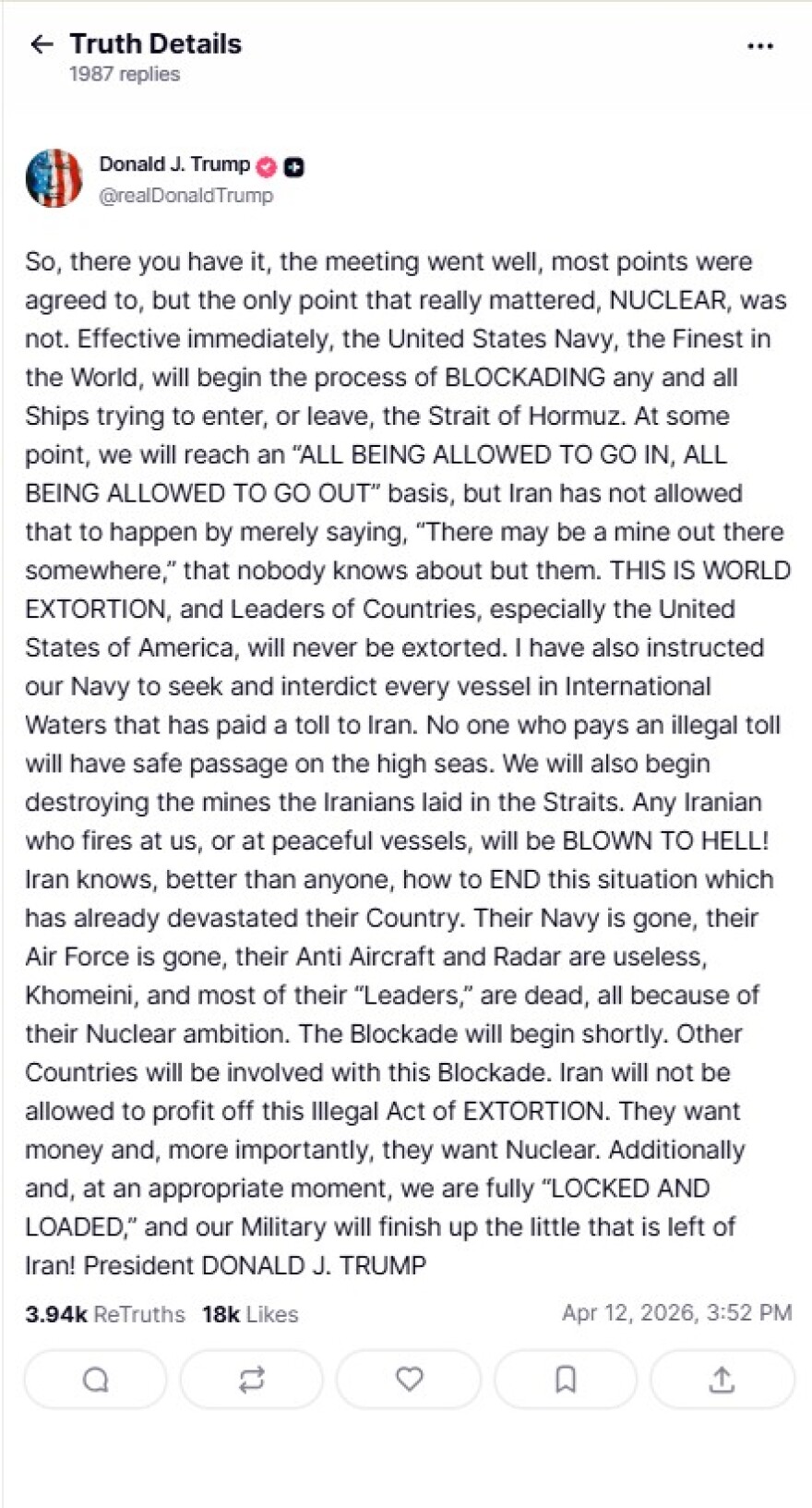 Τραμπ: Το Πολεμικό Ναυτικό των ΗΠΑ θα αποκλείσει τα Στενά του Ορμούζ, όποιος Ιρανός επιτεθεί θα καταστραφεί στην κόλαση
