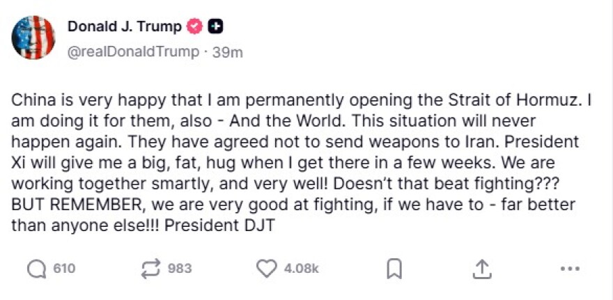 Τραμπ: Ανοίγω τα Στενά του Ορμούζ για την Κίνα, ο πρόεδρος Σι θα μου δώσει μια μεγάλη, δυνατή αγκαλιά
