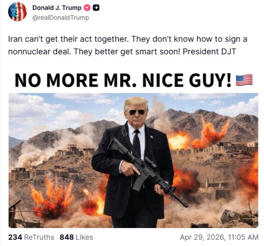 «Τέρμα το καλό παιδί!»: Ο Τραμπ με πολεμική φωτογραφία απειλεί πως θα αρχίσει ξανά τις επιθέσεις αν το Ιράν δεν συμφωνήσει για τα πυρηνικά