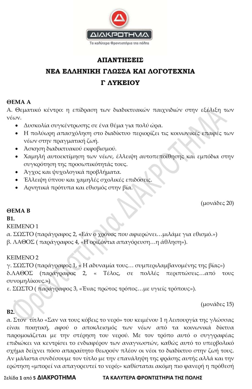 Προσομοίωση Διαγωνίσματος Πανελλαδικών από το φροντιστήριο ΔΙΑΚΡΟΤΗΜΑ στη Νέα Ελληνική Γλώσσα και Λογοτεχνία ΓΕΛ 
