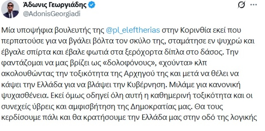 Γεωργιάδης: Υποψήφια της Πλεύσης Ελευθερίας η 57χρονη που έβαλε φωτιά σε ξερά χόρτα στην Κορινθία, εκεί οδηγεί η καθημερινή τοξικότητα