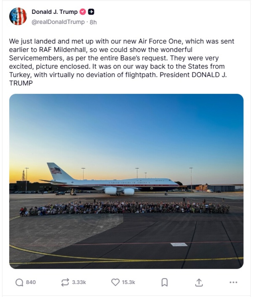Με το παλιό Air Force One έφυγε ο Τραμπ από την Τουρκία και άλλαξε αεροσκάφος στη Βρετανία - Ανησυχίες μετά τα πλήγματα στο Ιράν