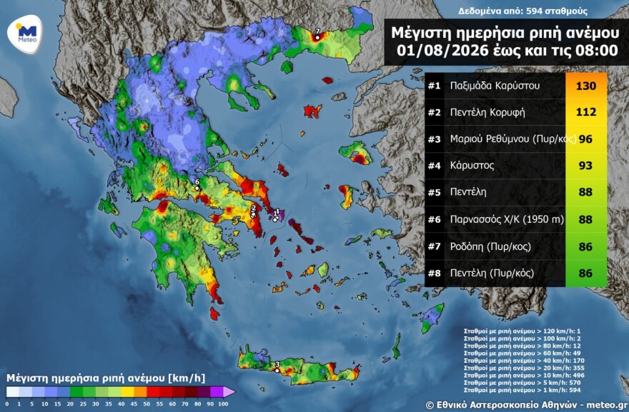 Θυελλώδεις άνεμοι σε Εύβοια, Αττική, Αιγαίο και Κρήτη: Στα 130 χλμ/ώρα οι ριπές ανέμου στην Παξιμάδα Καρύστου
