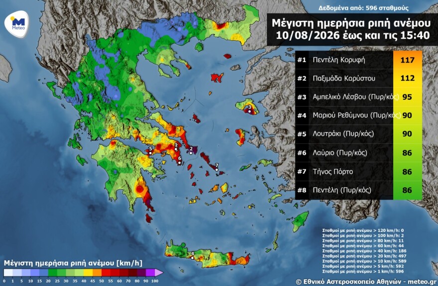 Ισχυρό μελτέμι σε Αττική και Εύβοια: Ριπές άνω των 110 χλμ/ώρα σε Πεντέλη και Κάρυστο