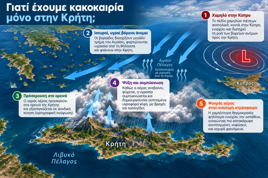 Γιατί επιμένουν οι ισχυρές βροχές στην Κρήτη, ο ρόλος του βοριά και της υγρασίας του Αιγαίου