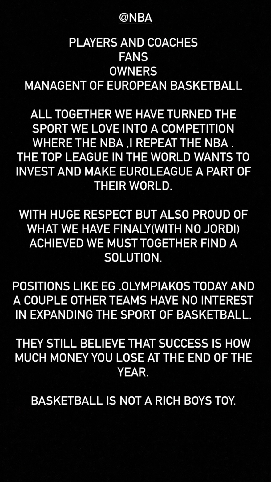 Γιαννακόπουλος μετά το όχι της Euroleague στο ΝΒΑ: Ο Ολυμπιακός και μερικές ακόμη ομάδες δεν ενδιαφέρονται να επεκτείνουν το άθλημα του μπάσκετ