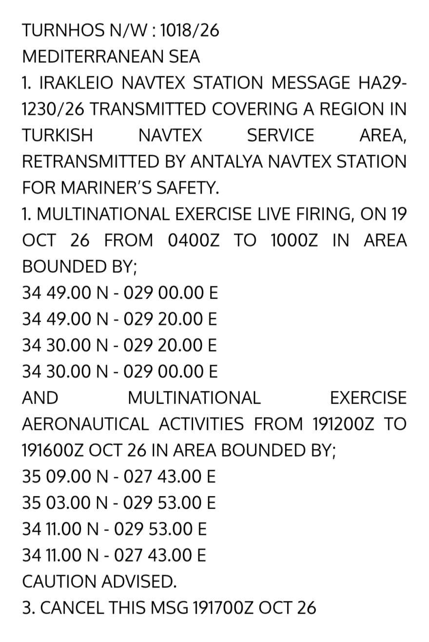 Η Τουρκία ανεβάζει τους τόνους: Εξέδωσε NAVTEX ενόψει της άσκησης Eunomia για περιοχή από όπου θα περάσει το πλοίο για το καλώδιο 