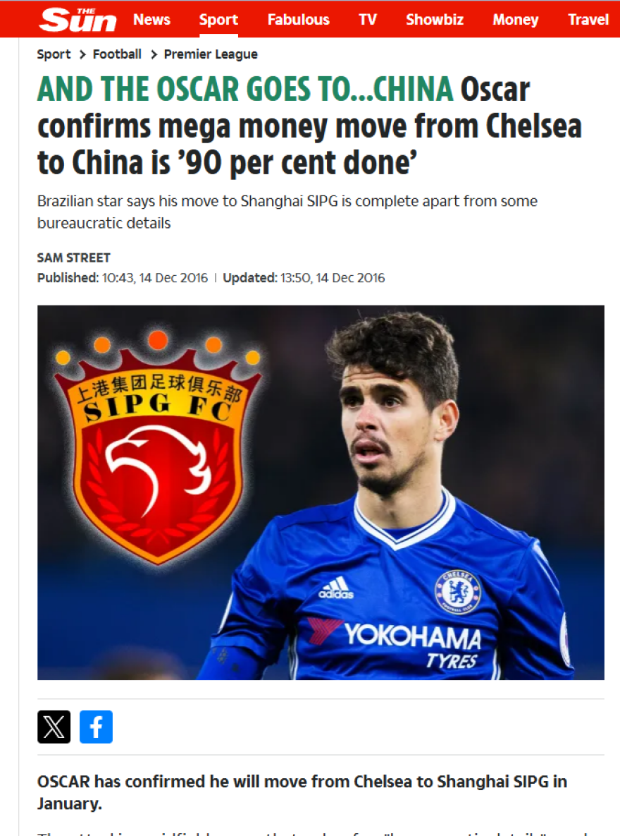 Αντίο στην Κίνα από τον Όσκαρ μετά από 7 χρόνια, 4 τίτλους και 200 εκατομμύρια ευρώ