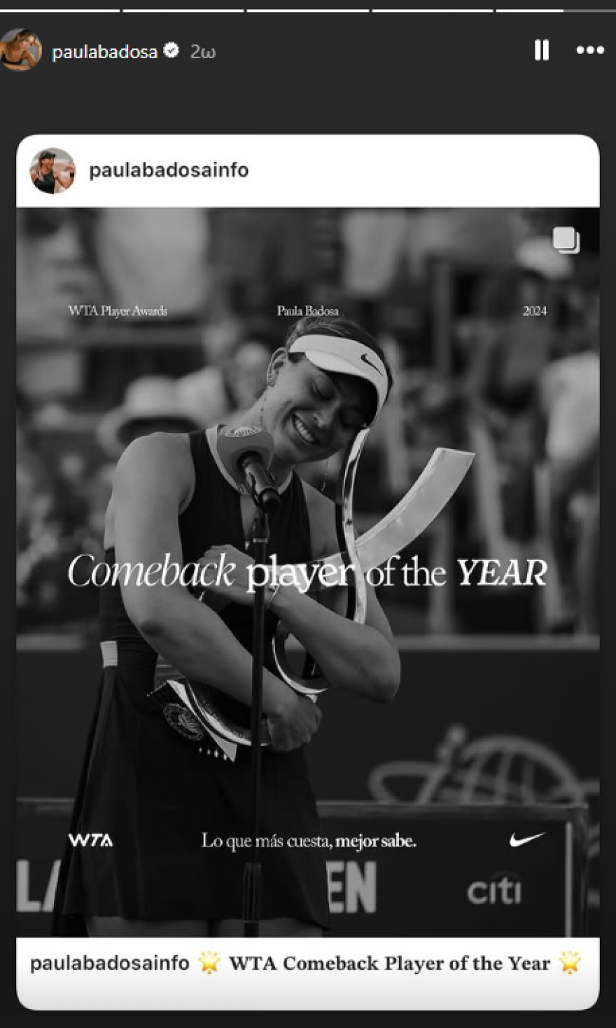 Πάολα Μπαντόσα: Βραβεύεται από την WTA ως η κορυφαία επιστροφή στο Tour!