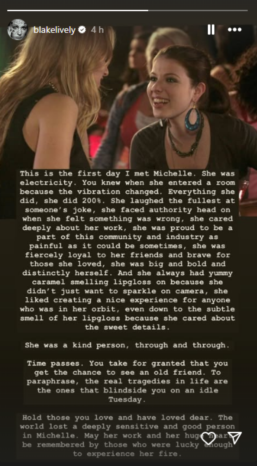 Μπλέικ Λάιβλι για Μισέλ Τράχτενμπεργκ: Ο κόσμος έχασε έναν βαθιά ευαίσθητο και καλό άνθρωπο