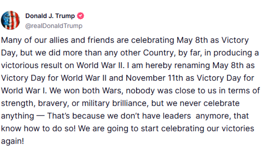 Ο Τραμπ μετονομάζει την 8η Μαΐου και την 11η Νοεμβρίου σε «Ημέρες της Νίκης»