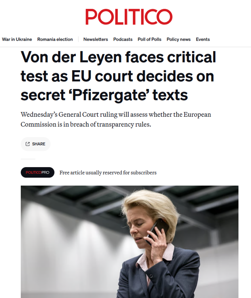 Politico: Το Pfizergate δοκιμάζει τη Φον ντερ Λάιεν - Το Δικαστήριο της ΕΕ αποφασίζει για τα «κρυφά» μηνύματα με τον Μπουρλά