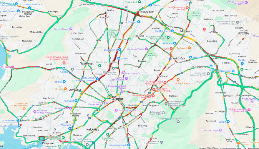Κίνηση τώρα: Μποτιλιαρισμένος ο Κηφισός, χαμηλές ταχύτητες και  σε κέντρο, Κηφισίας, Μεσογείων