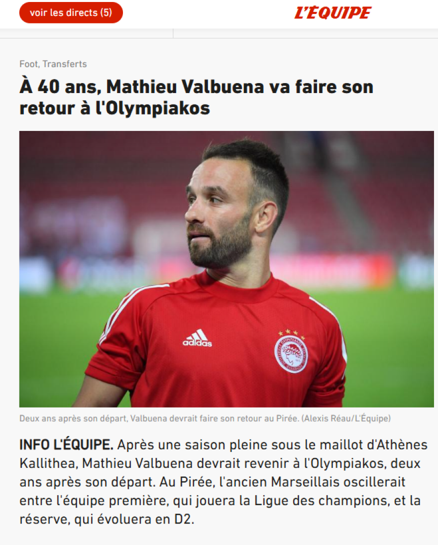 Ολυμπιακός: Ο Βαλμπουενά επιστρέφει στους Πειραιώτες, σύμφωνα με την Equipe
